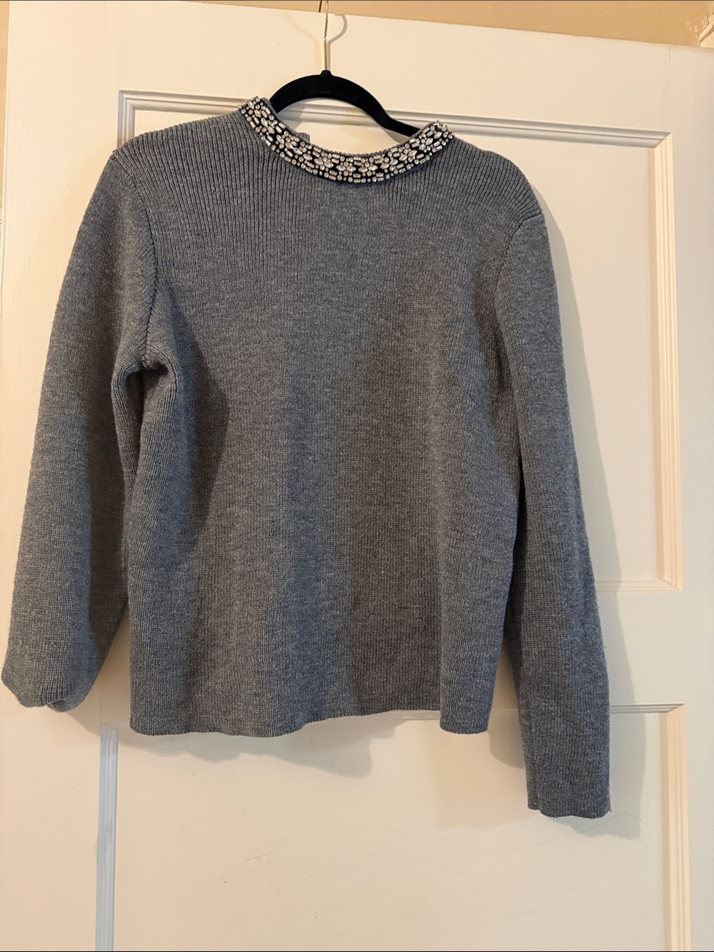 DREW Gray Crewneck Sweater with Beaded Collar